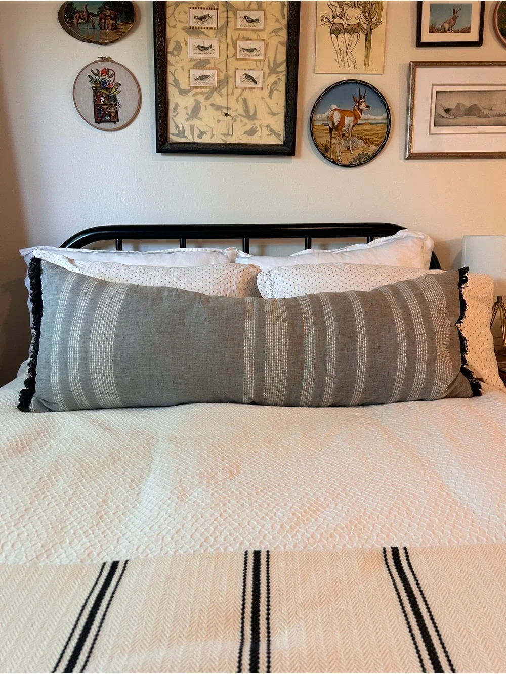 Hearth & Hand Gray Striped Lumbar Pillow with Black Fringe 41”x15” Bed Decor